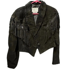 Vintage Phoenix USA Western Style Leather Fringe Crop Jacket Size Large